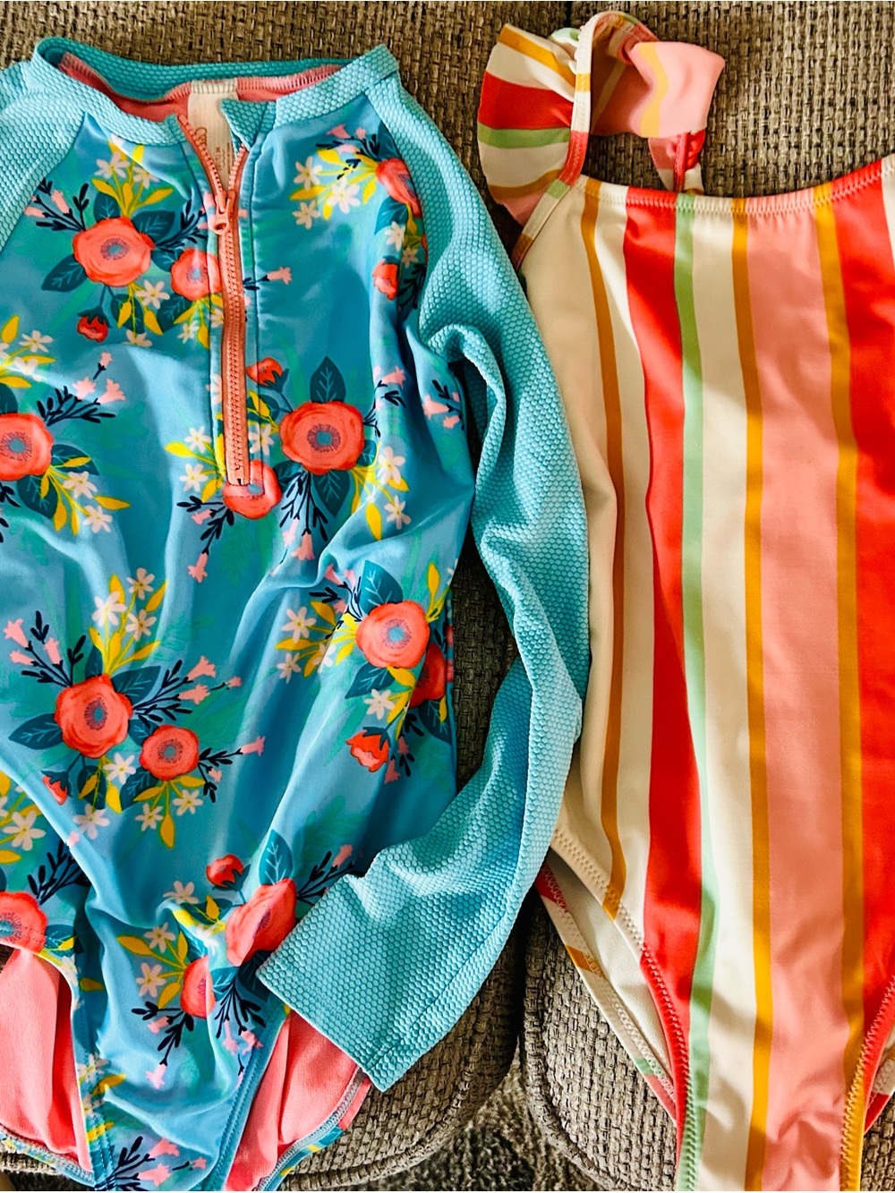 Cat & Jack Aqua Floral Long-Sleeve & Multicolor Stripe One-Pieces